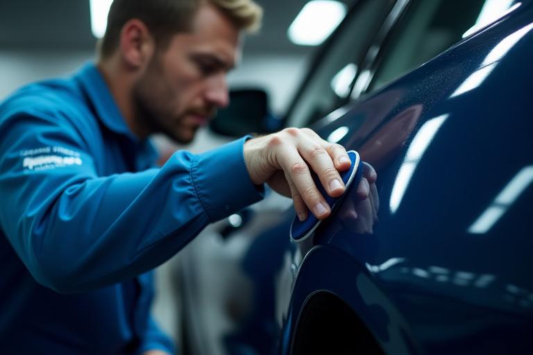 Technician precisely applying ceramic coating to a car panel
