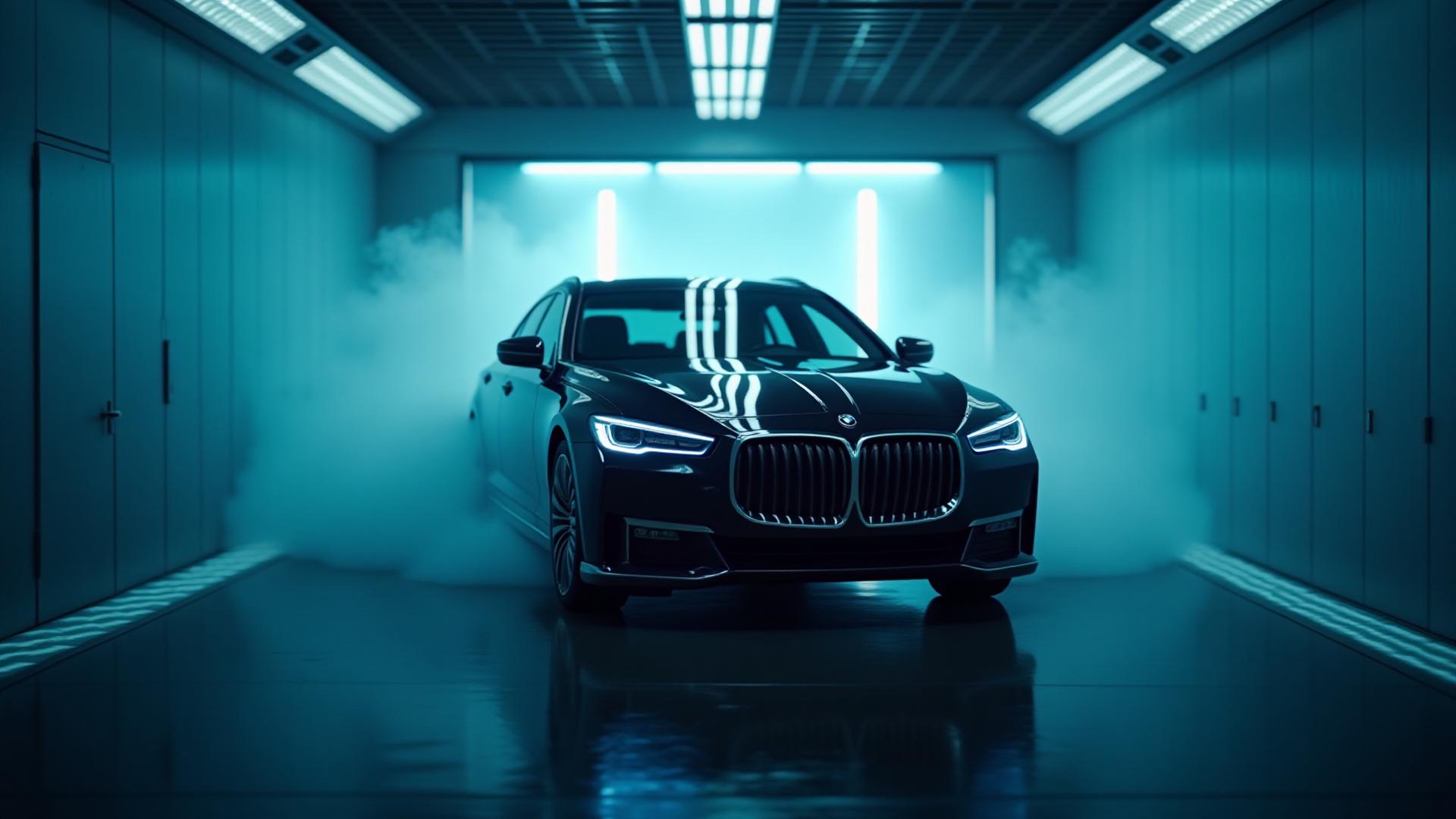Pristine car exiting a modern, clean car wash bay, gleaming under bright lights.