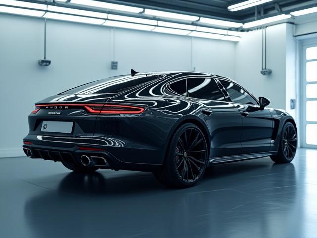 Full side profile of a luxury car, before and after paint correction, showing heightened reflections and paint depth