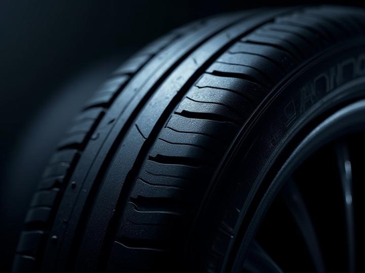 A glossy car tire reflecting light, emphasizing its perfectly cleaned and shined surface.